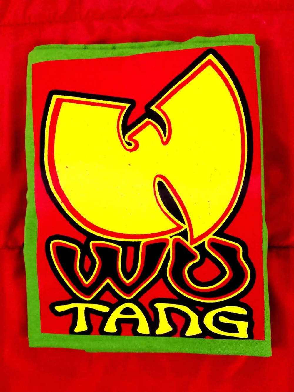 Gildan Red T-Shirt with Yellow Wu-Tang Logo and Green Trim
